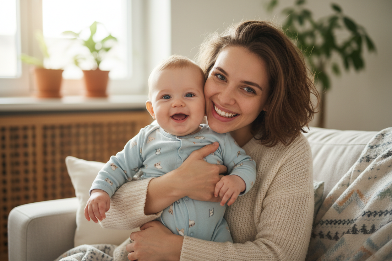 майка която е щастлива и държи усмихнатото си 10 месечно бебе