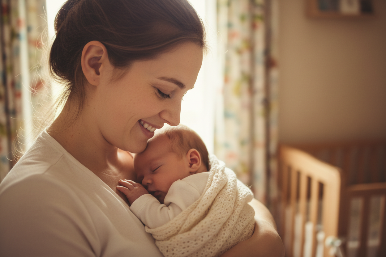 щастлива майка, която държи заспалото си 4 месечно бебенце