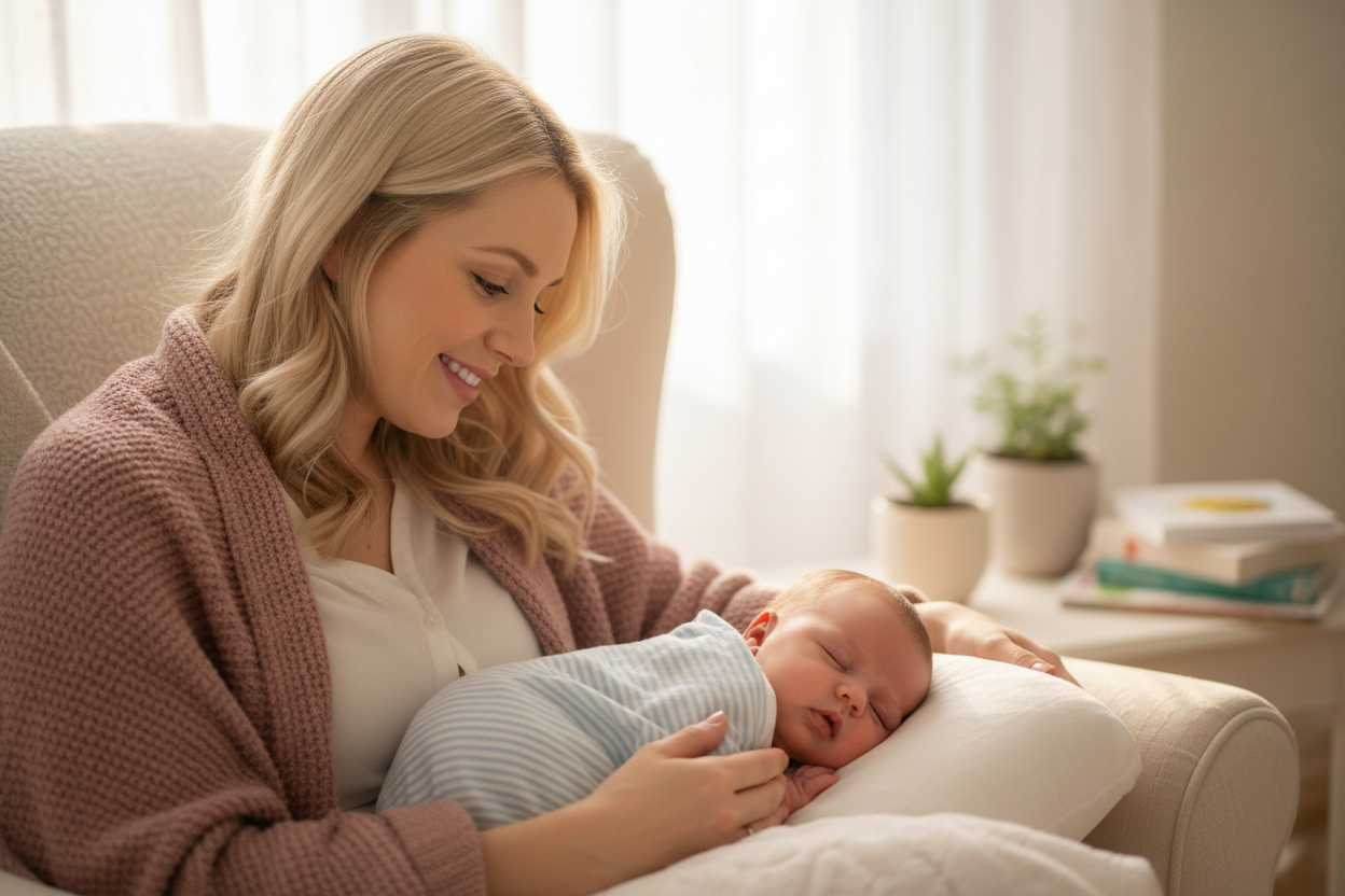 Щастлива руса майка, която гледа как спинка 7 месечното си бебенце